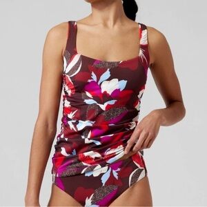Athleta Floral Tankini Set in Burgundy, Red, Pink, White, Light Blue